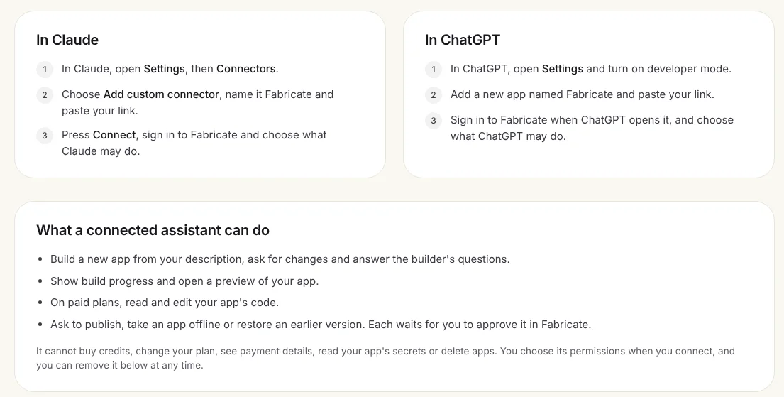 The ChatGPT and Claude page in Fabricate settings, with the steps for each assistant