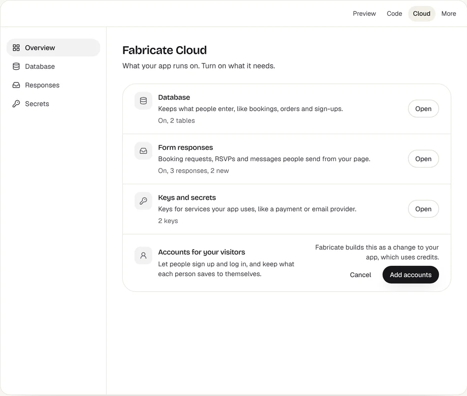 The Fabricate Cloud overview: Database, Form responses, Keys and secrets, and Accounts for your visitors
