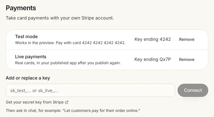 The Payments page in Fabricate, with a Stripe test key and a live key connected