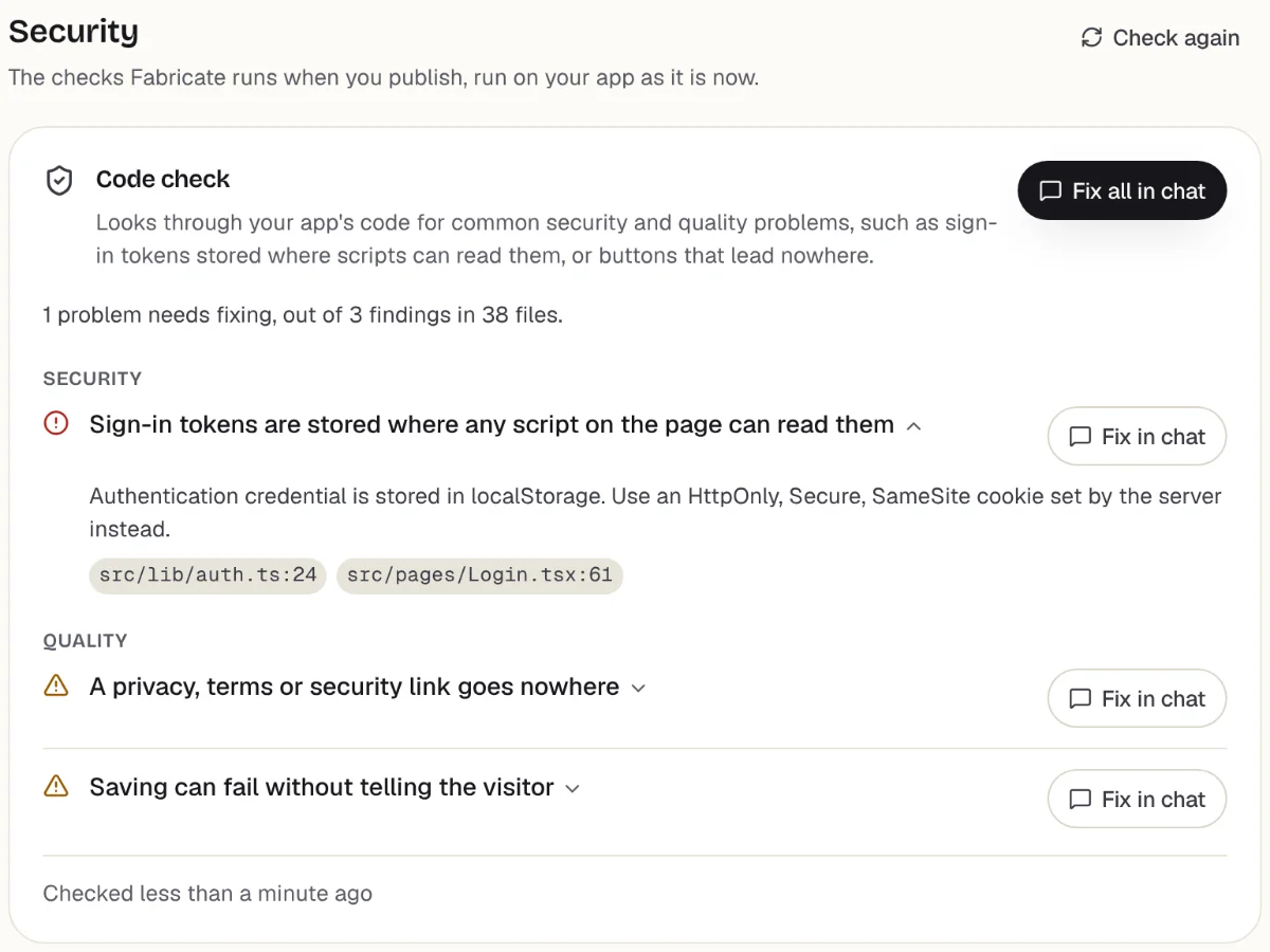 The Security page: a code check with findings and a Fix in chat button for each