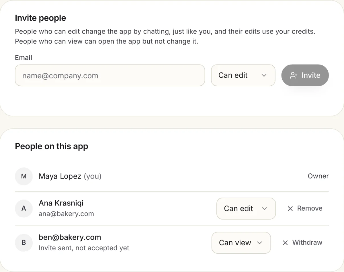 The People page: an invite form with Can edit and Can view, and the people on the app