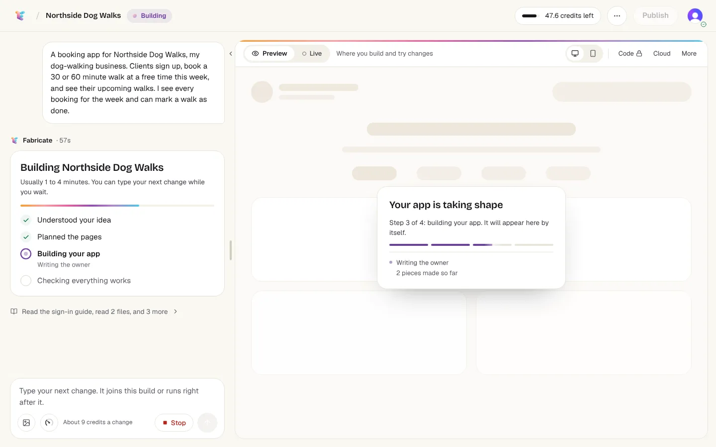 The studio 57 seconds into the build: in the chat, Understood your idea and Planned the pages are done and Building your app is under way, beside a preview that says Your app is taking shape