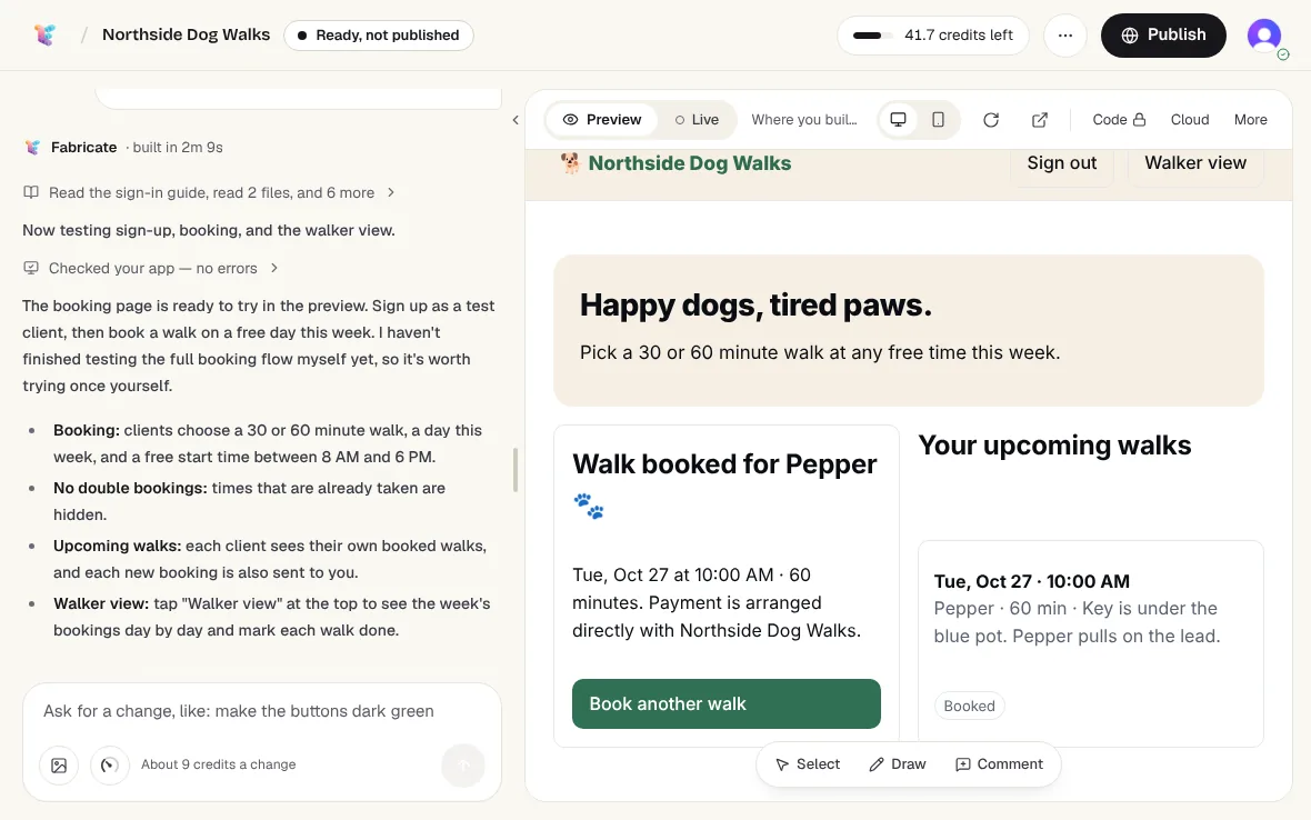 The app in the preview, signed in as a client: Walk booked for Pepper on Tue, Oct 27 at 10:00 AM for 60 minutes, and the same walk under Your upcoming walks, marked Booked
