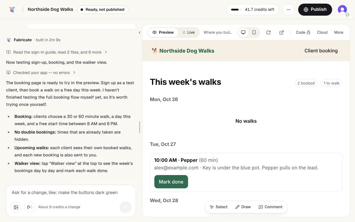 The walker view in the preview: This week's walks, 2 booked and 1 to walk, with Pepper's walk on Tue, Oct 27 at 10:00 AM, the client's email and note, and a Mark done button
