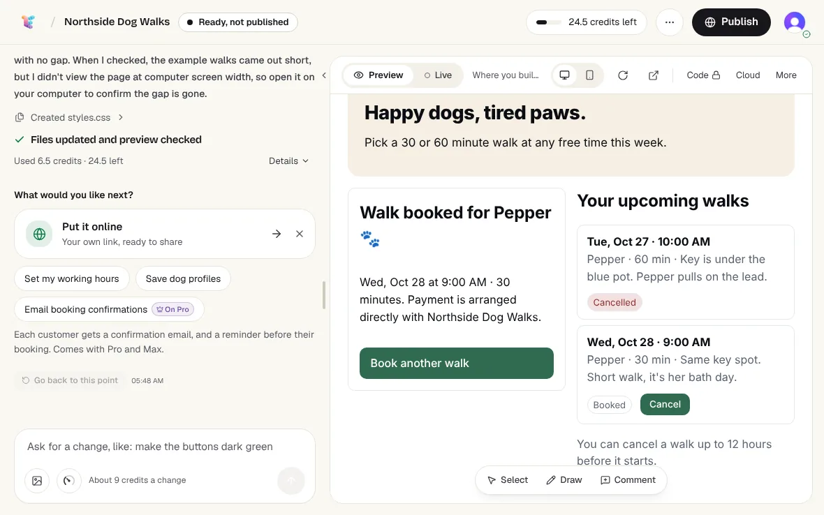The client's view after the fix: Walk booked for Pepper on Wed, Oct 28 at 9:00 AM, and under Your upcoming walks two short cards, Tuesday's walk Cancelled and Wednesday's Booked with a Cancel button