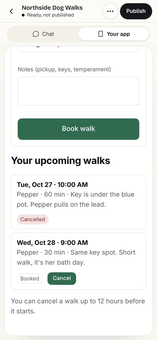 The app in Fabricate's Your app tab at phone size: Your upcoming walks, Tuesday's walk Cancelled and Wednesday's Booked with a Cancel button, then You can cancel a walk up to 12 hours before it starts