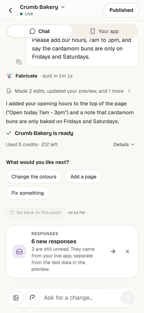 Fabricate's chat on a phone: the owner asks for opening hours and a note about cardamom buns, and Fabricate says what it changed and that it used 5 credits