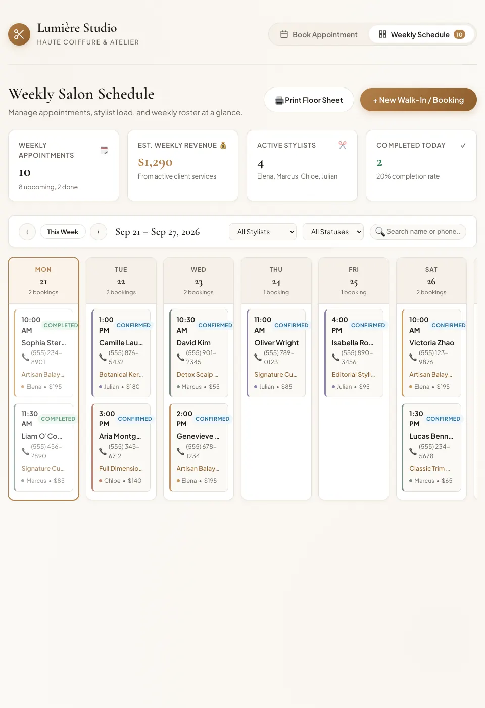 A weekly salon schedule made with Fabricate: each day of appointments with the client, service, stylist and price